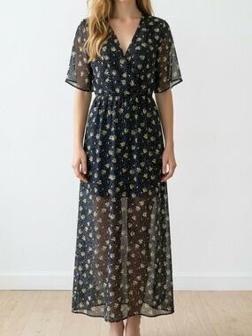 Sheer blue Floral V-Neck Maxi Dress with Elastic Waist